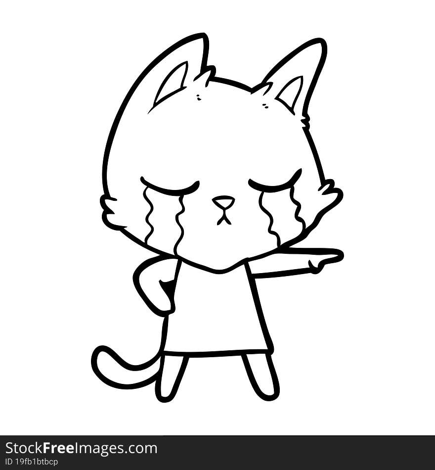 crying cartoon cat in dress pointing. crying cartoon cat in dress pointing