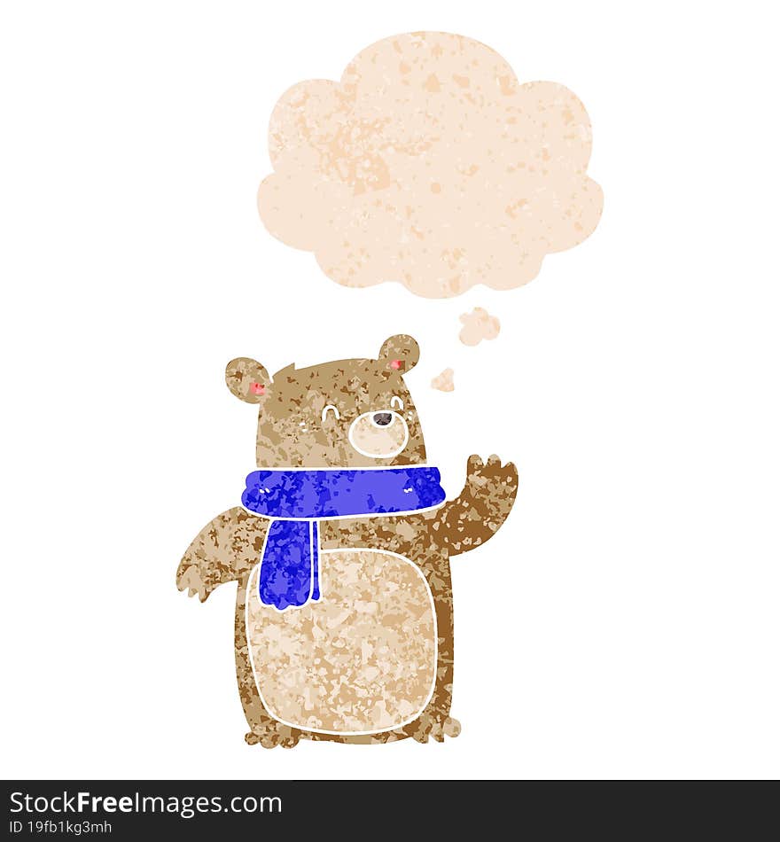 cartoon bear wearing scarf and thought bubble in retro textured style