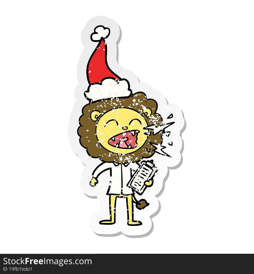 distressed sticker cartoon of a roaring lion doctor wearing santa hat