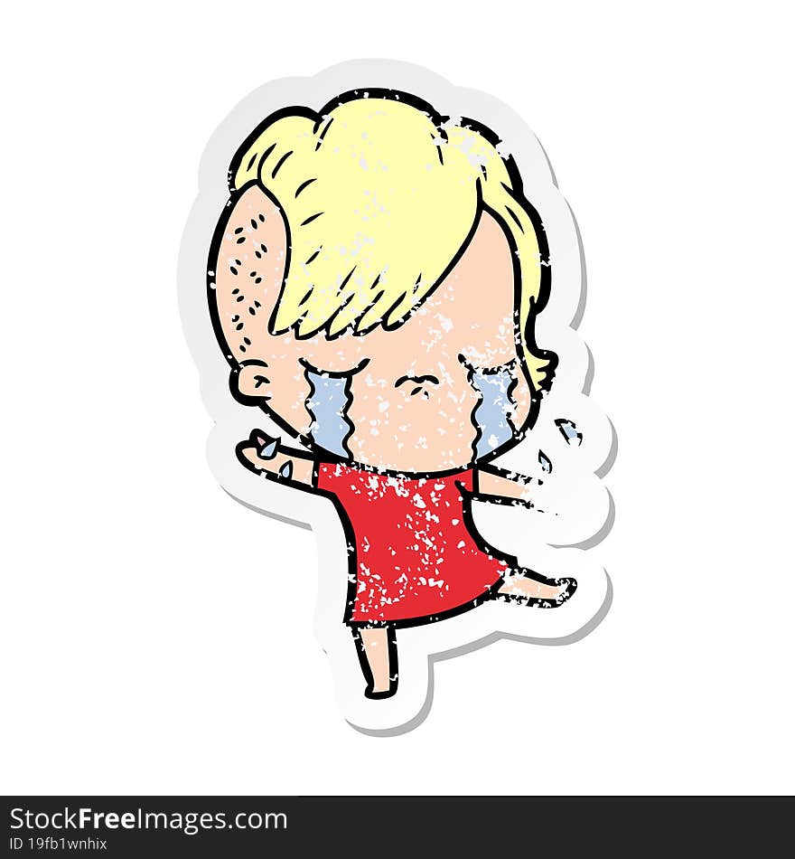 distressed sticker of a cartoon crying girl