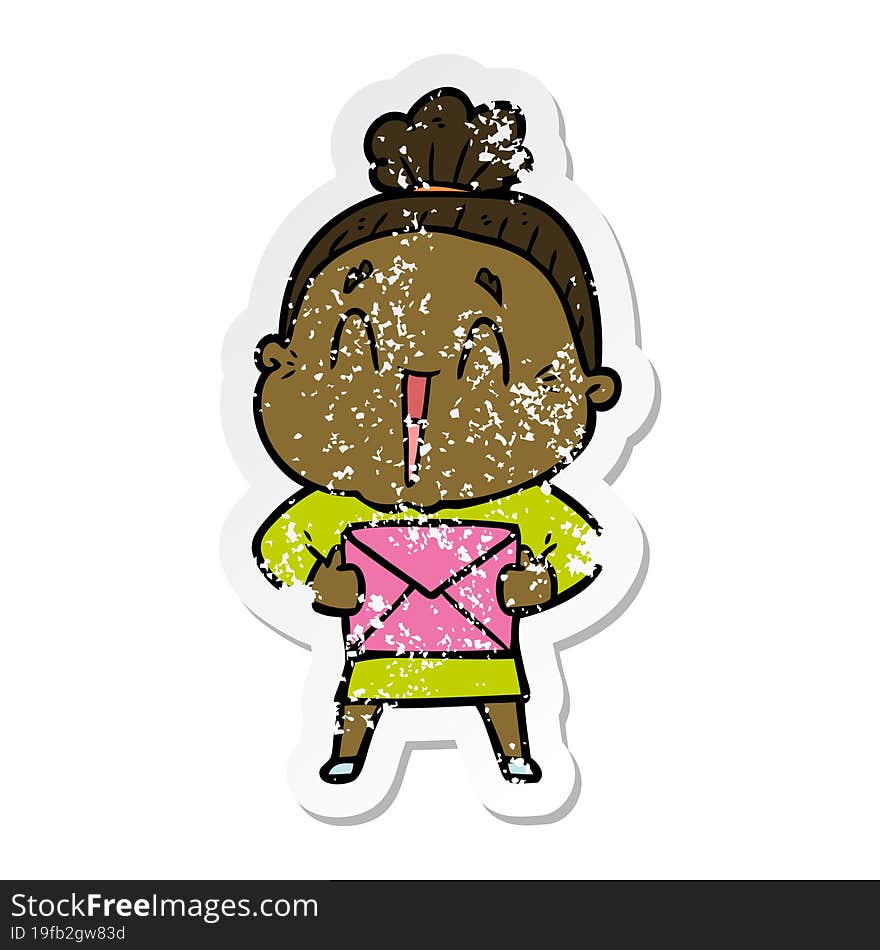 Distressed Sticker Of A Cartoon Happy Old Lady