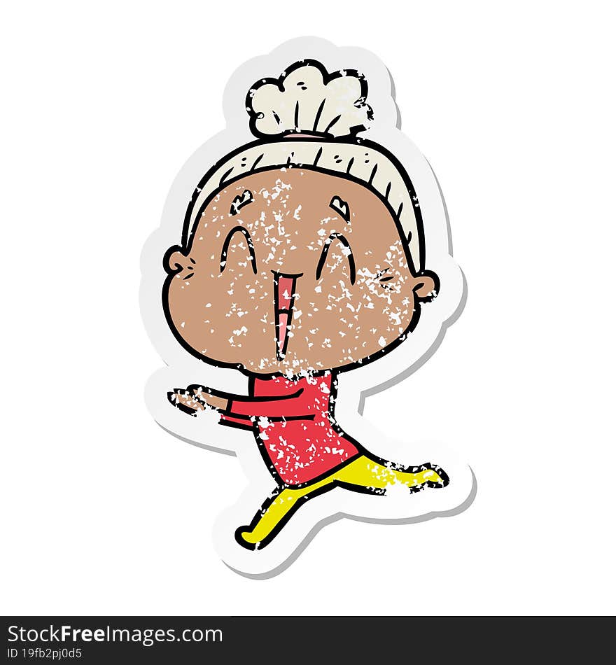 Distressed Sticker Of A Cartoon Happy Old Lady