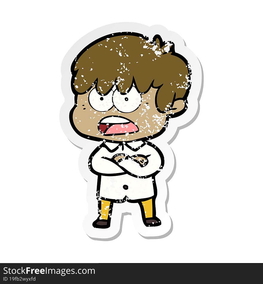 distressed sticker of a worried cartoon boy