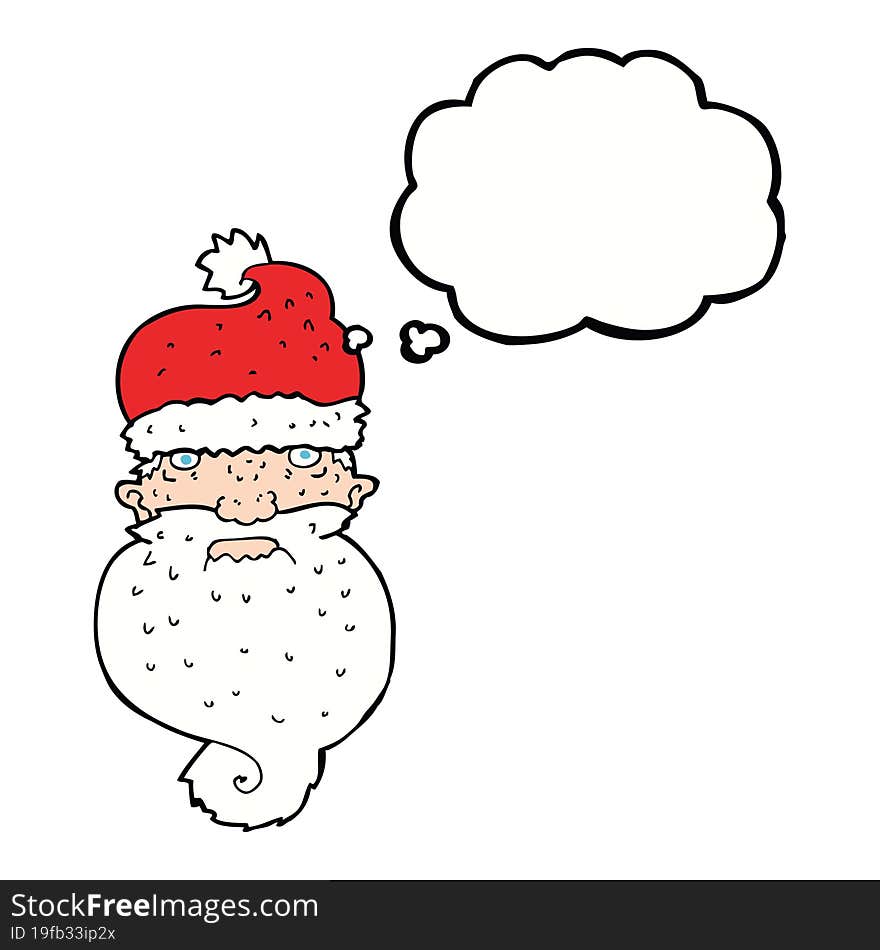 cartoon grim santa face with thought bubble