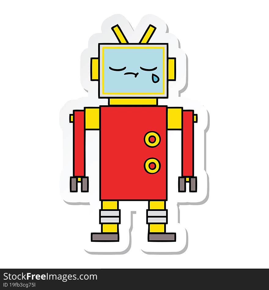 sticker of a cute cartoon crying robot