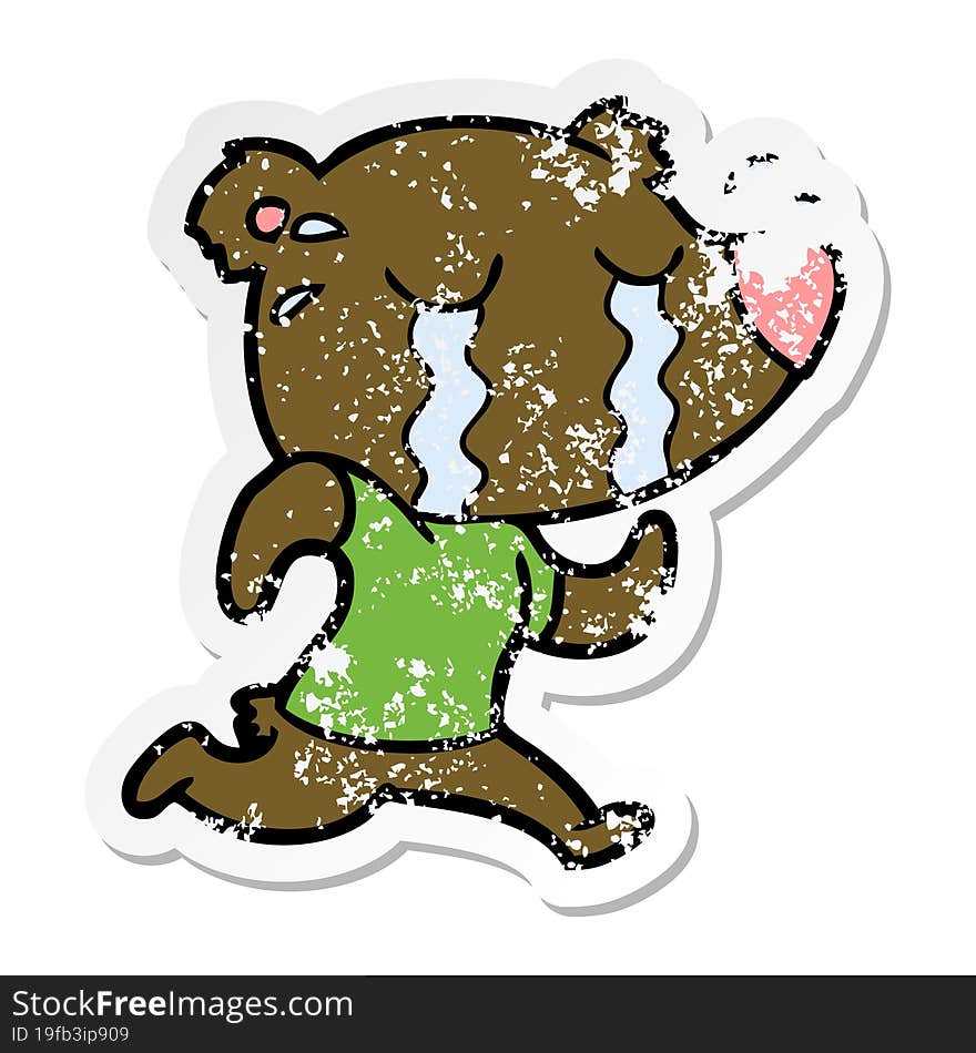 distressed sticker of a cartoon crying bear running