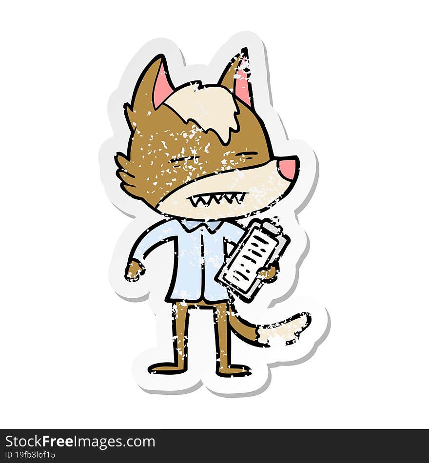 Distressed Sticker Of A Cartoon Office Wolf Showing Teeth