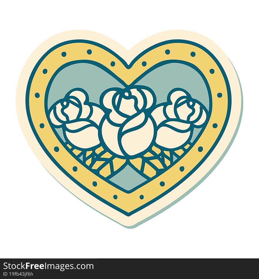 sticker of tattoo in traditional style of a heart and flowers. sticker of tattoo in traditional style of a heart and flowers