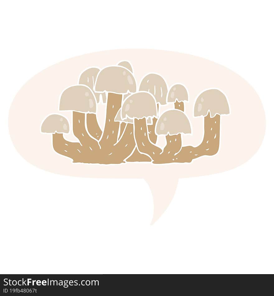 cartoon mushroom and speech bubble in retro style