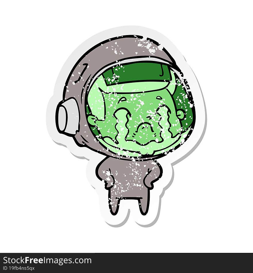 distressed sticker of a cartoon crying astronaut