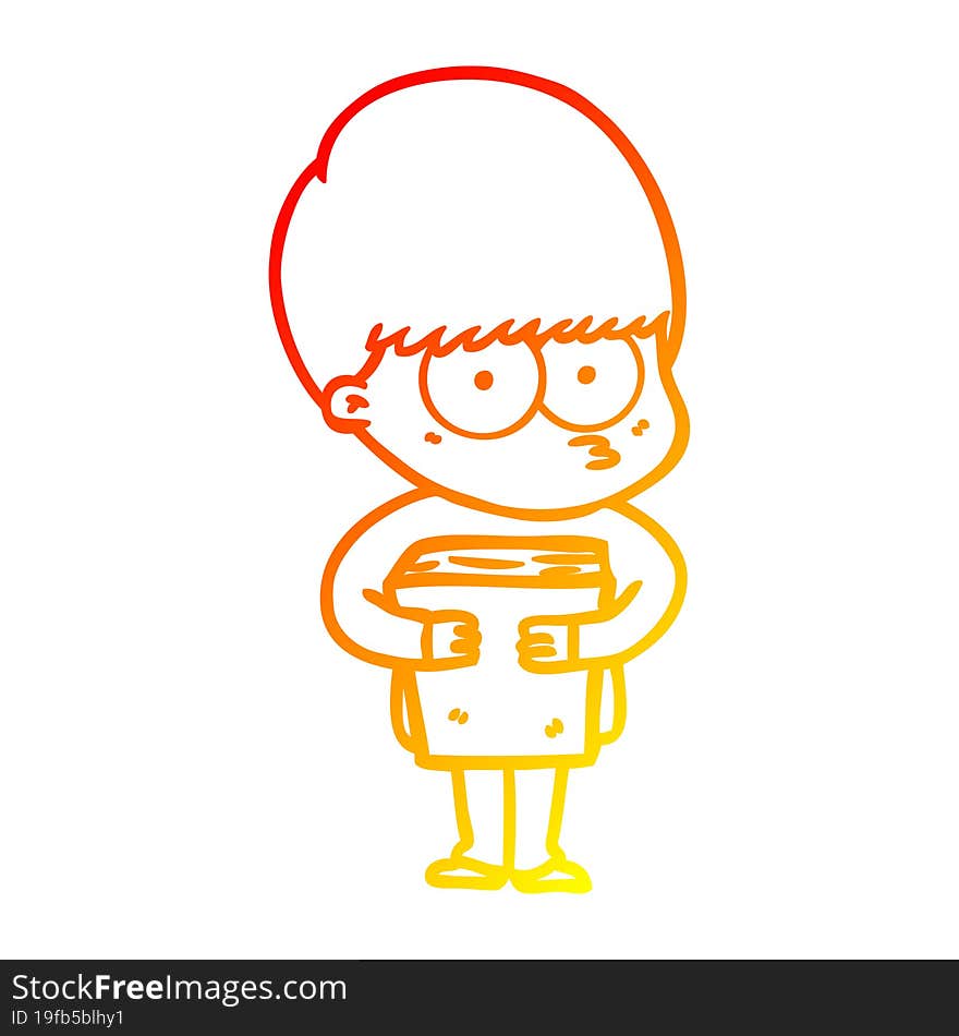 warm gradient line drawing nervous cartoon boy holding book