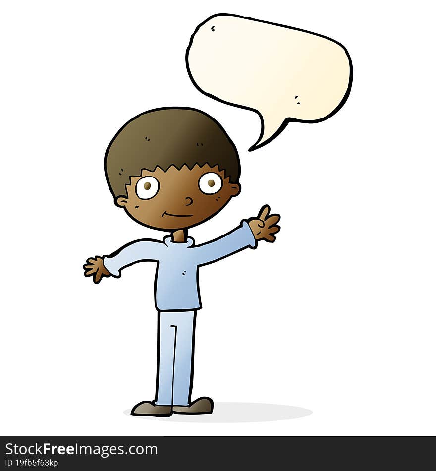 cartoon happy waving boy with speech bubble