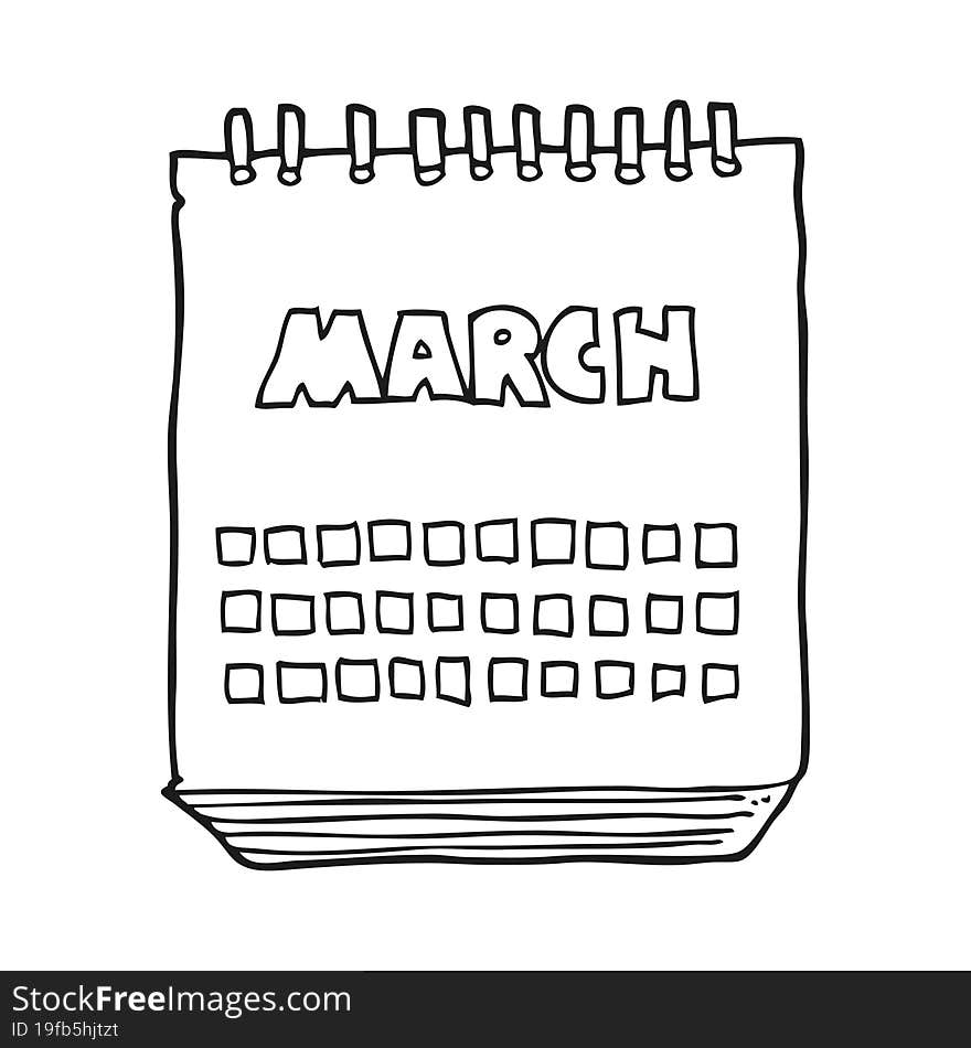 black and white cartoon march calendar