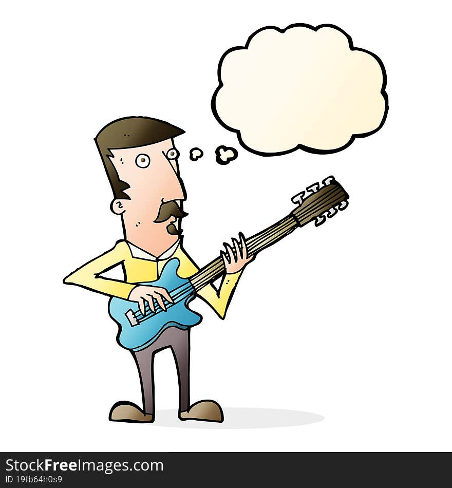 cartoon man playing electric guitar with thought bubble