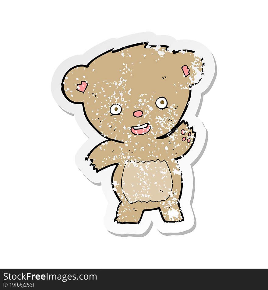 retro distressed sticker of a cartoon waving teddy bear