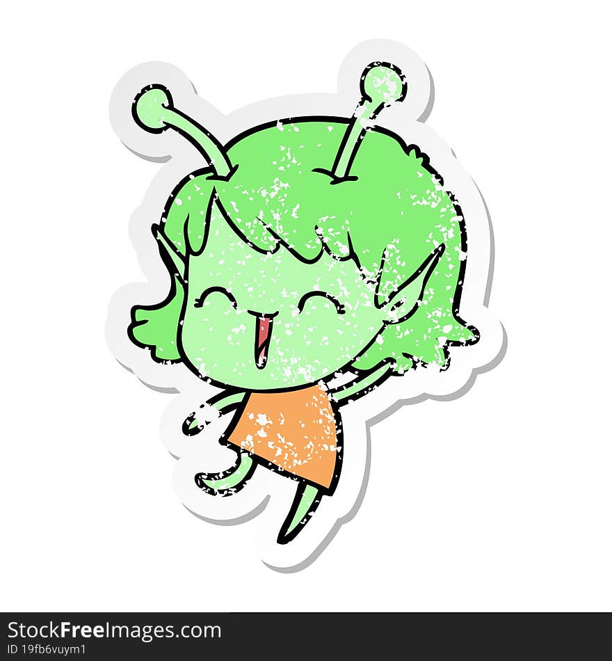 distressed sticker of a cartoon alien girl laughing