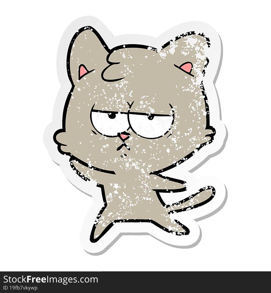 distressed sticker of a bored cartoon cat