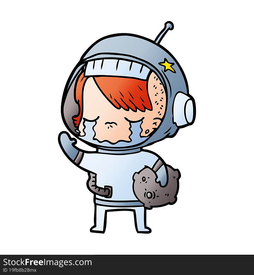 cartoon crying astronaut girl carrying rock sample. cartoon crying astronaut girl carrying rock sample