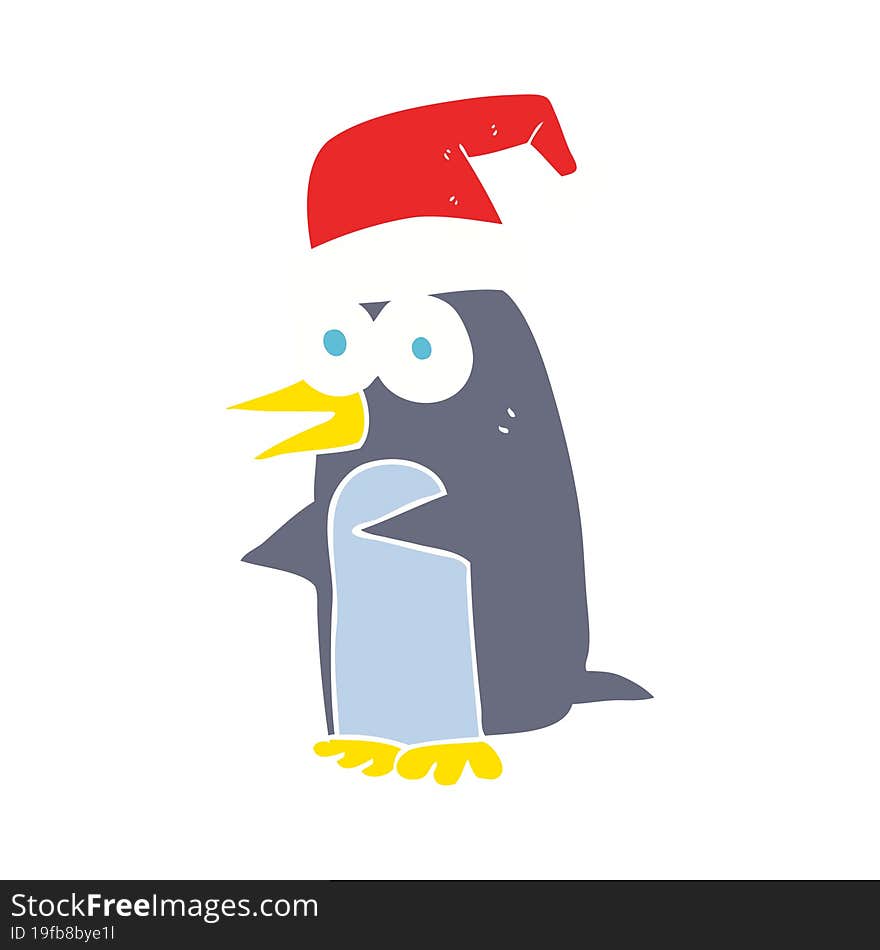 flat color illustration of a cartoon christmas penguin