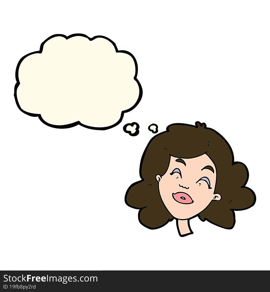 cartoon happy female face with thought bubble