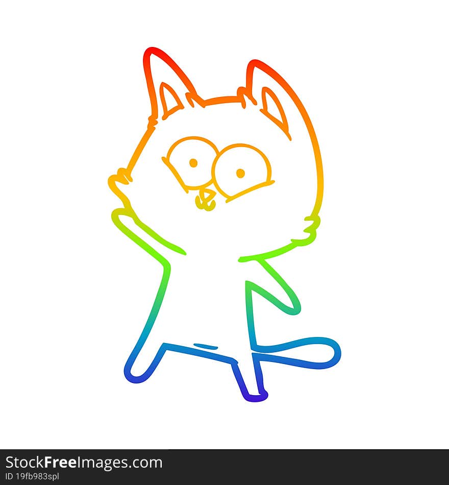 Rainbow Gradient Line Drawing Cartoon Cat Waving