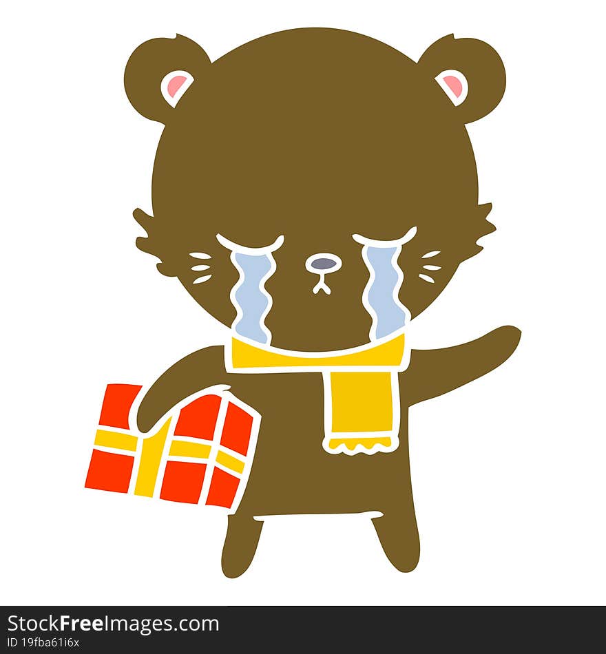 crying flat color style cartoon bear with present