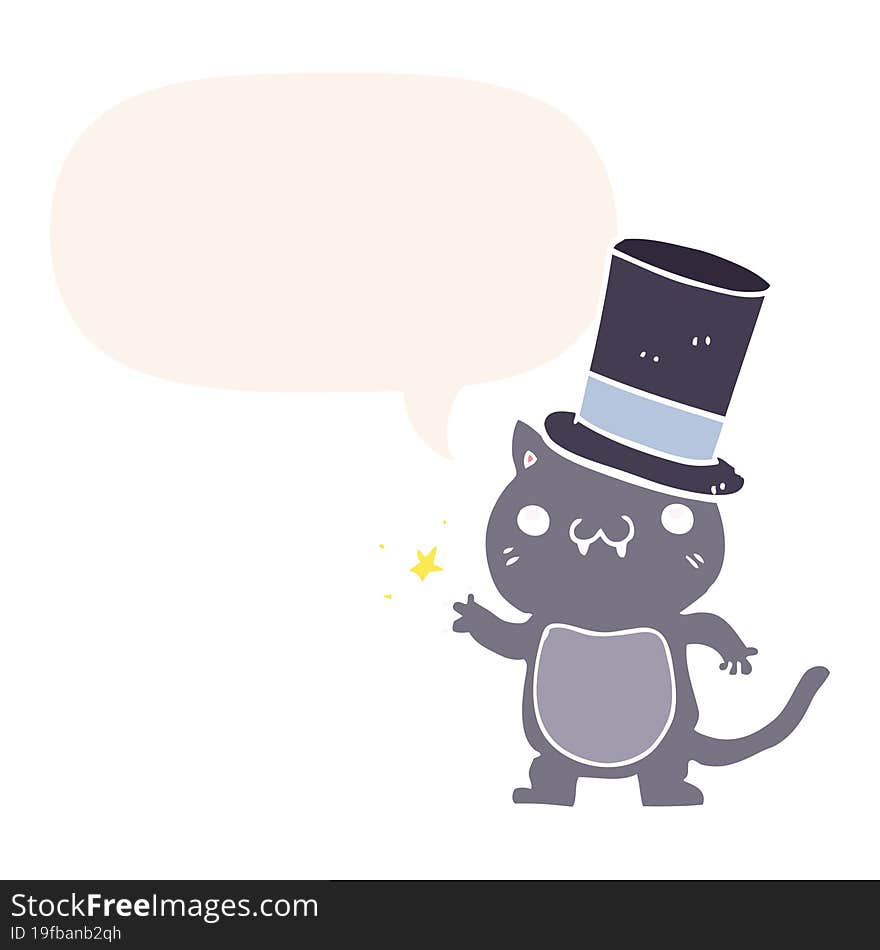 cartoon cat wearing top hat and speech bubble in retro style