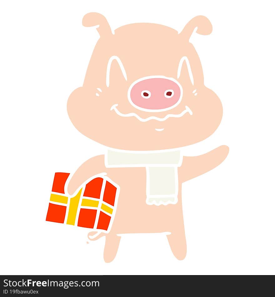 nervous flat color style cartoon pig with present