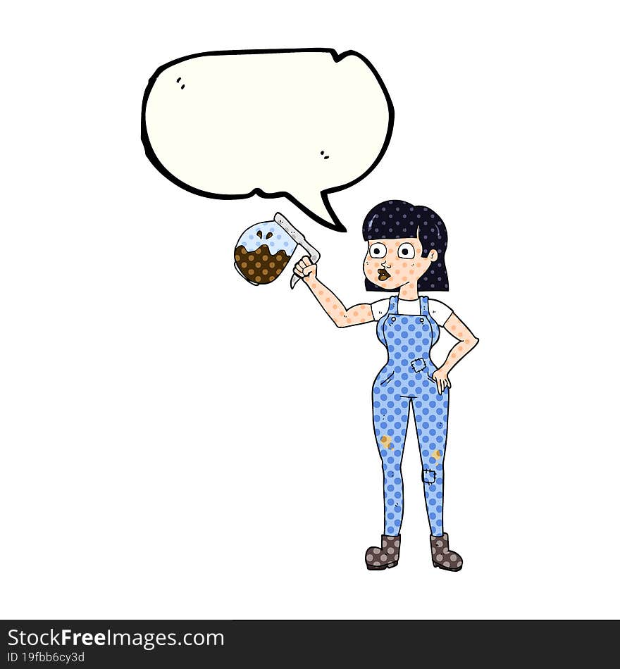 comic book speech bubble cartoon woman in dungarees with coffee