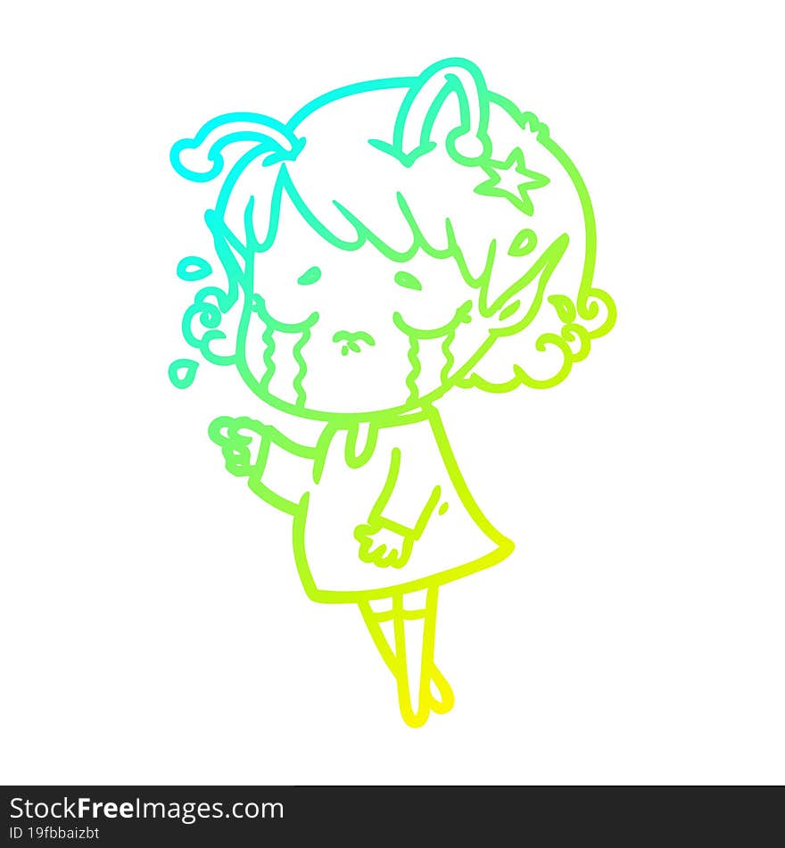 cold gradient line drawing cartoon crying alien girl