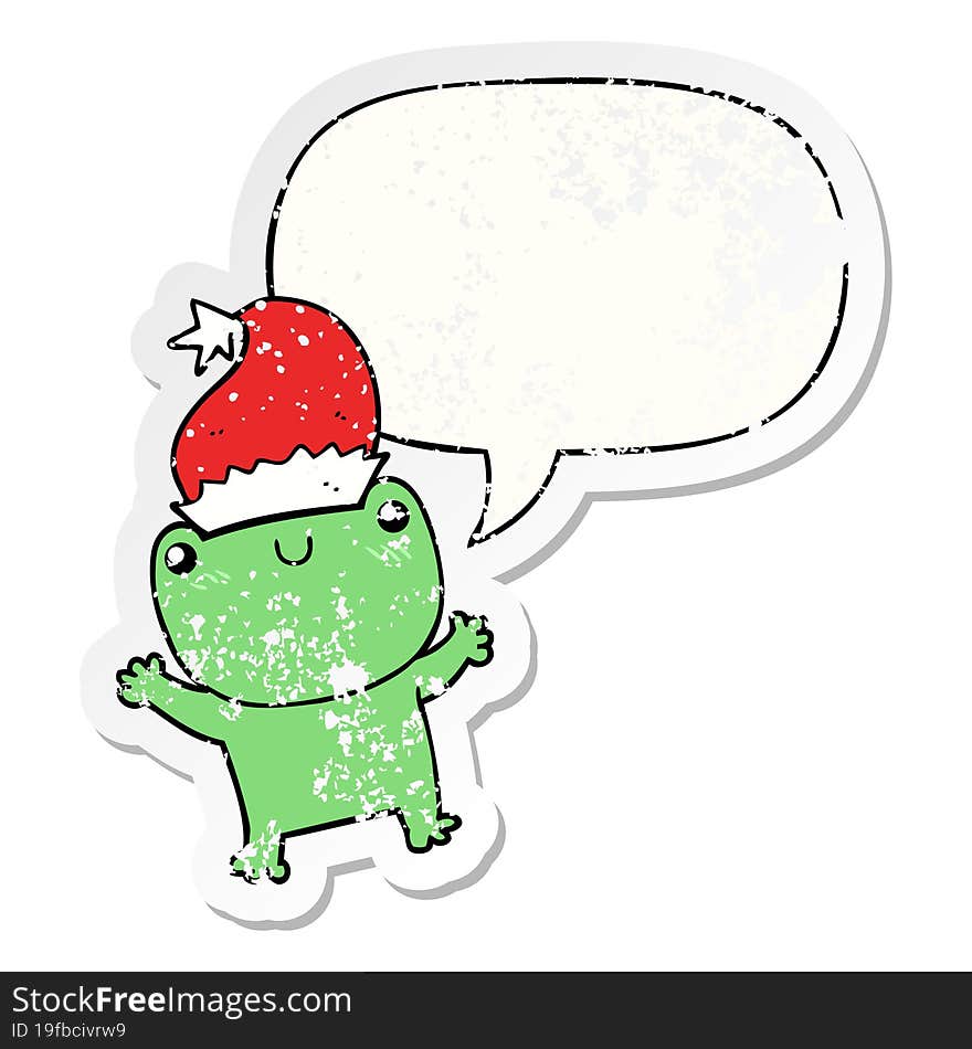 cute cartoon frog wearing christmas hat with speech bubble distressed distressed old sticker. cute cartoon frog wearing christmas hat with speech bubble distressed distressed old sticker