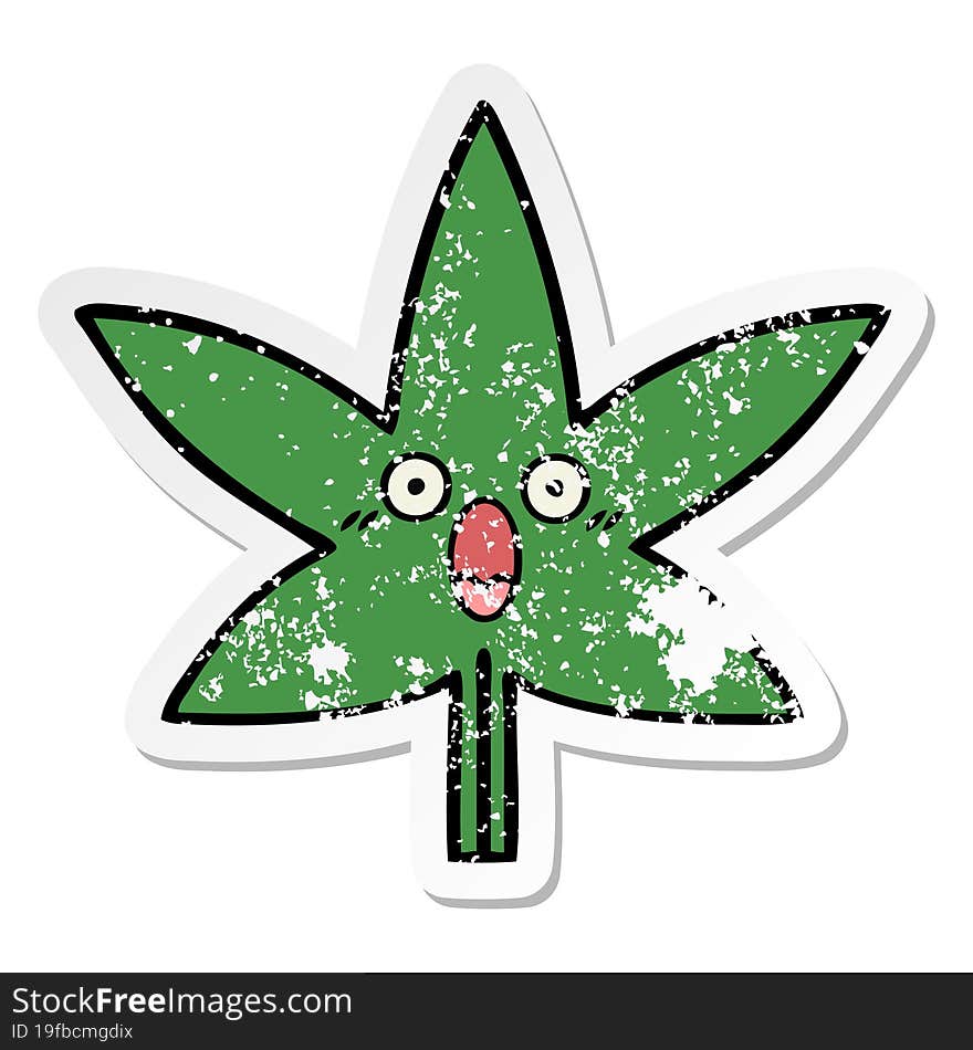 Distressed Sticker Of A Cute Cartoon Marijuana Leaf