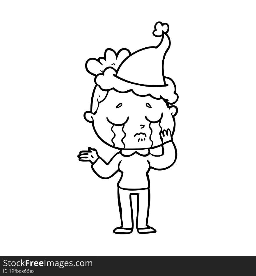 hand drawn line drawing of a crying woman wearing santa hat