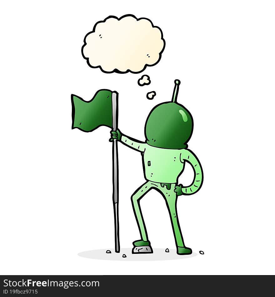 cartoon astronaut planting flag with thought bubble