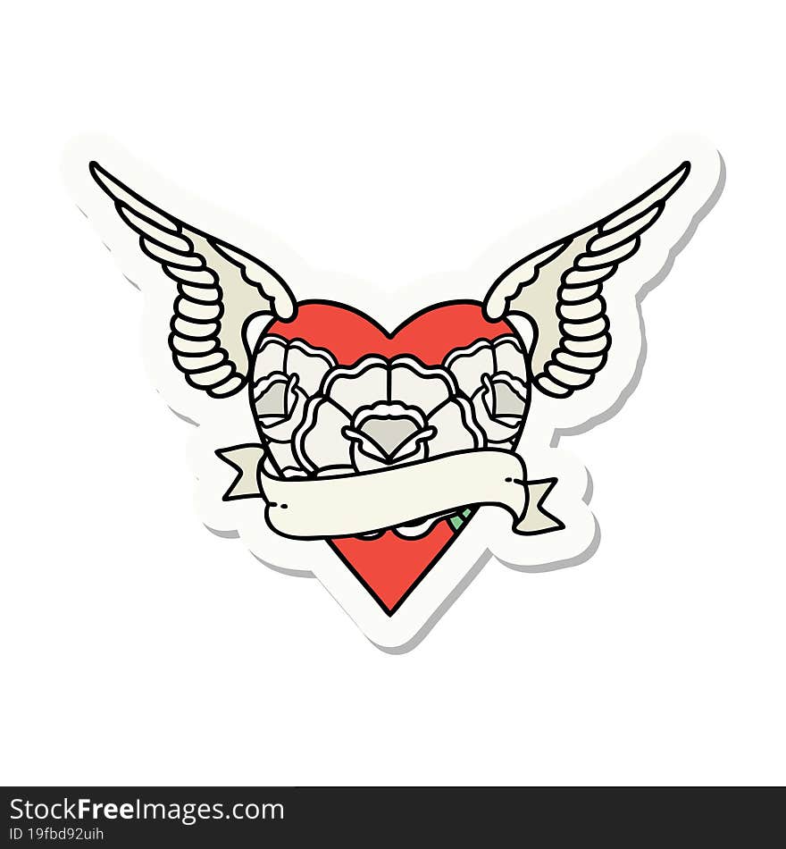 sticker of tattoo in traditional style of heart with wings flowers and banner. sticker of tattoo in traditional style of heart with wings flowers and banner