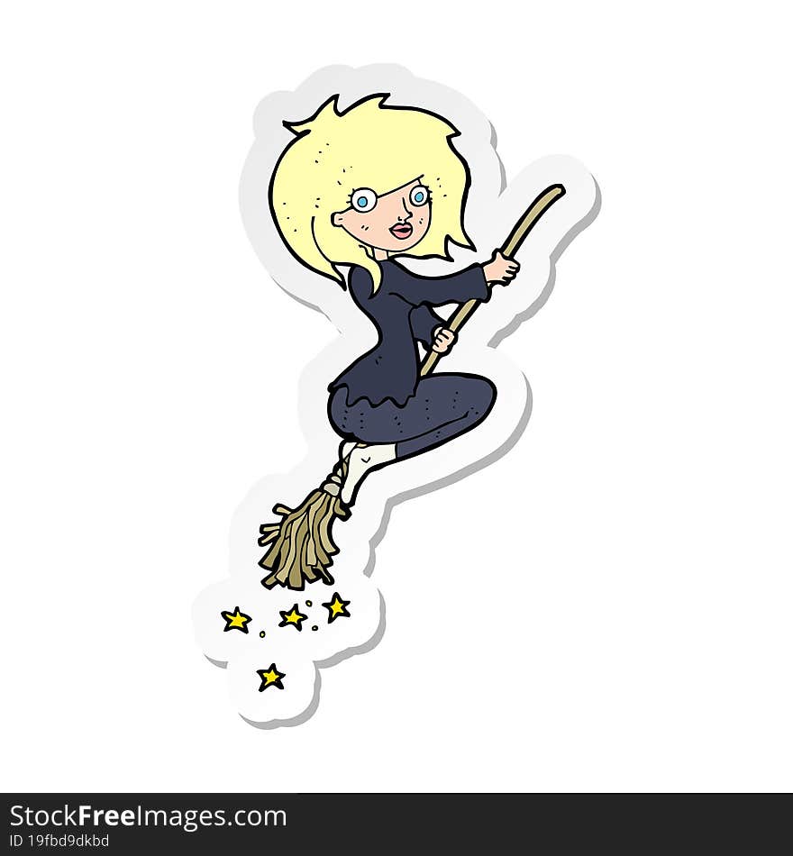 sticker of a cartoon witch riding broomstick