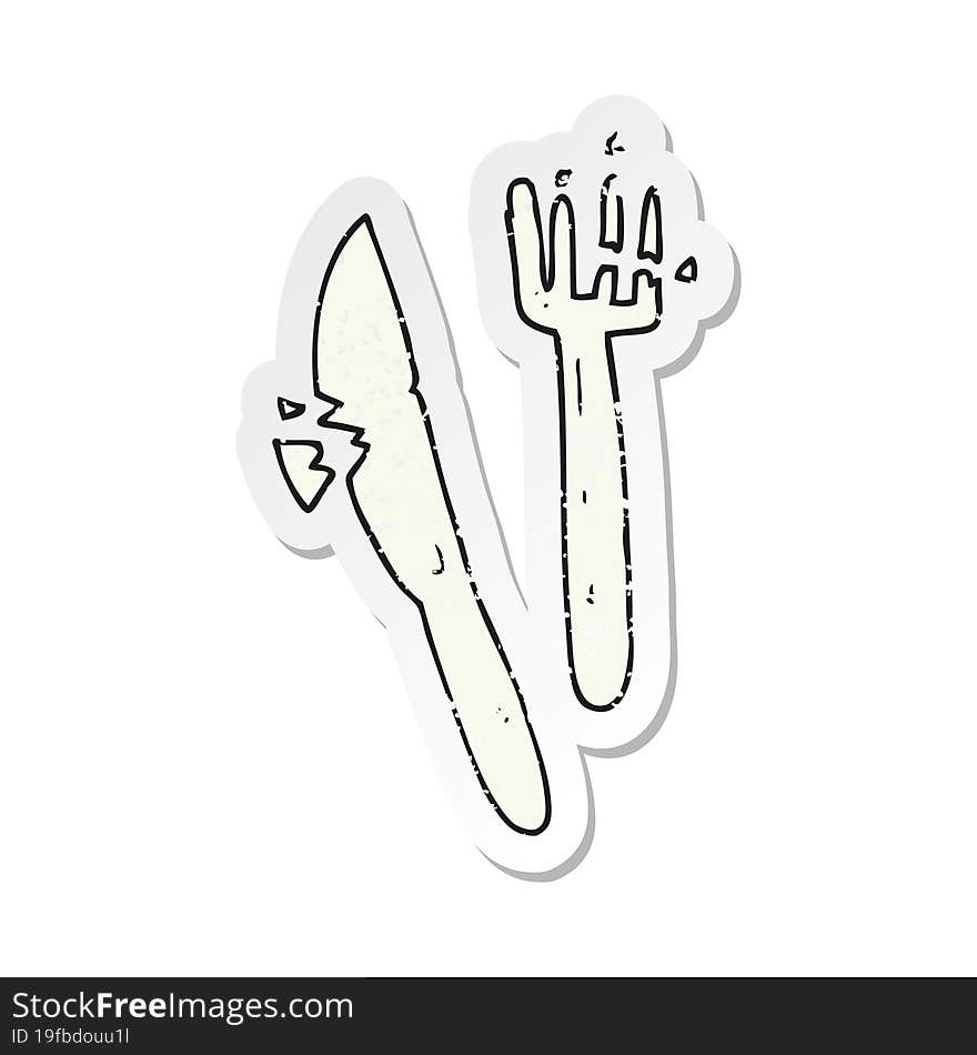 Retro Distressed Sticker Of A Cartoon Cracked Plastic Cutlery