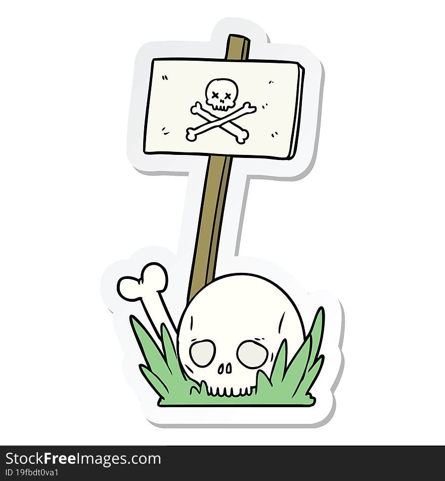 sticker of a cartoon skull bones and warning sign