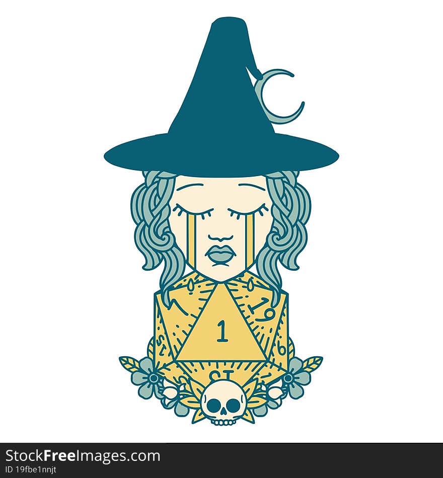 Crying Human Witch With Natural One D20 Dice Roll Illustration