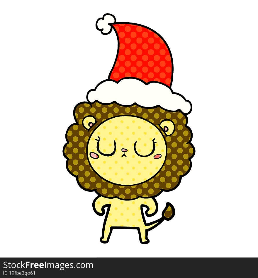 comic book style illustration of a lion wearing santa hat