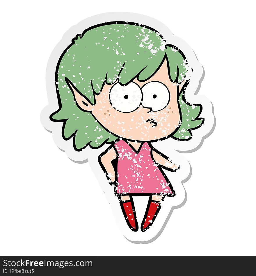 distressed sticker of a cartoon elf girl staring