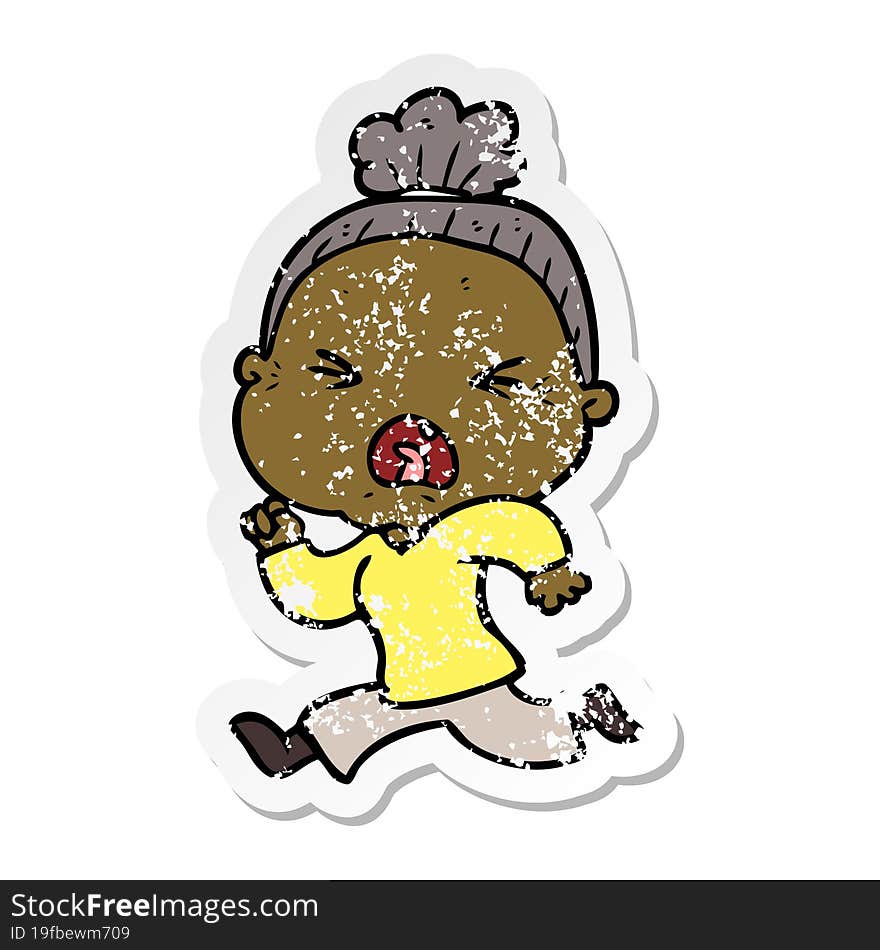 distressed sticker of a cartoon angry old woman