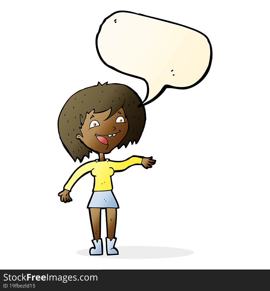 Cartoon Waving Woman With Speech Bubble