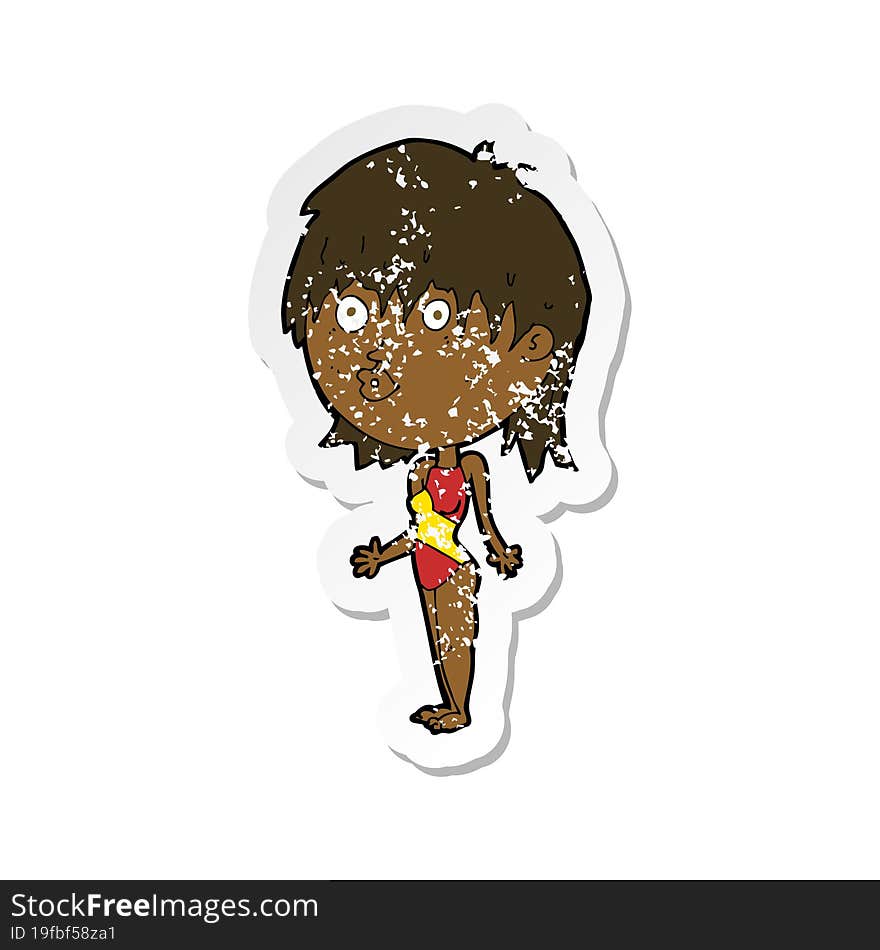 retro distressed sticker of a cartoon woman in swimsuit shrugging shoulders