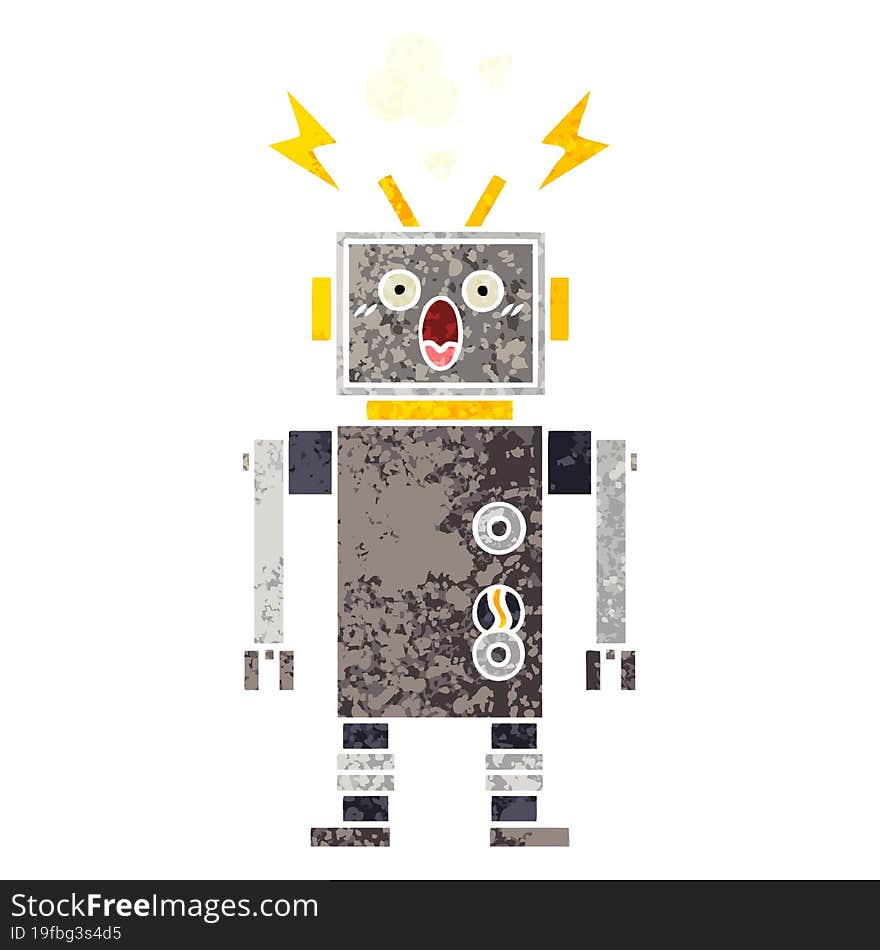 retro illustration style cartoon malfunctioning robot