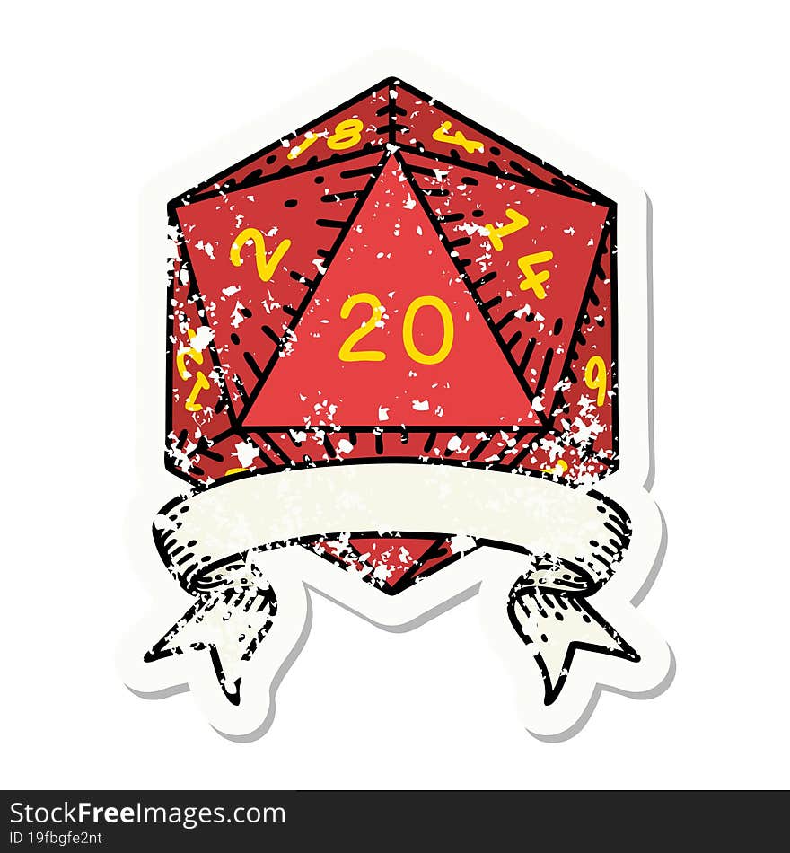 grunge sticker of a natural 20 critical hit D20 dice roll. grunge sticker of a natural 20 critical hit D20 dice roll