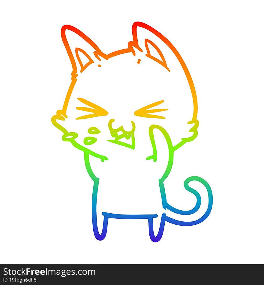 Rainbow Gradient Line Drawing Cartoon Cat Hissing