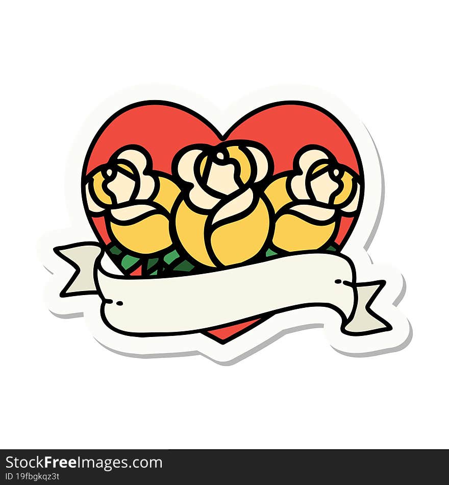 sticker of tattoo in traditional style of a heart and banner with flowers. sticker of tattoo in traditional style of a heart and banner with flowers