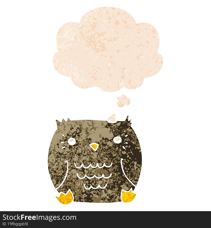 cartoon owl and thought bubble in retro textured style