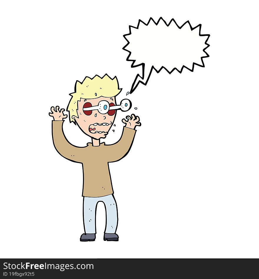 cartoon terrified man with speech bubble